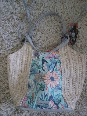 Sakroots Small Crossbody Bag Floral Butterfly Print Woven Crochet Sides Boho Pur